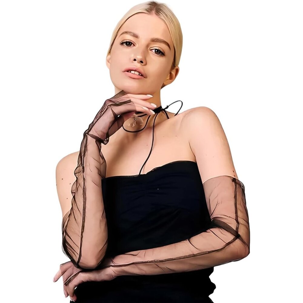 Women's Fingerless Tulle Net Black Long Arm Sleeves Gloves Wedding Party Prom